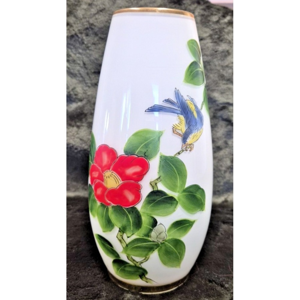 White Hand Painted Glass Bluebird and Camillia Flower Vase with Gold Accent